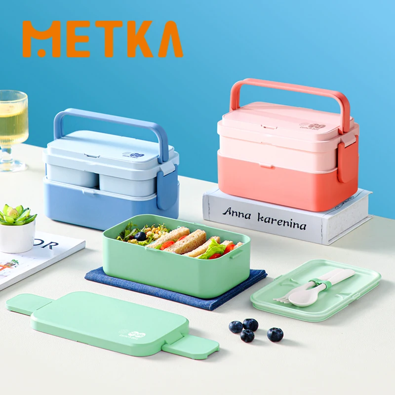 Double Layer Picnic Lunch BOX Bamboo Fiber Camping Bento BOX Microwave Spoon Fork Kids Lunch Box For School Gril Pink Lunch Box