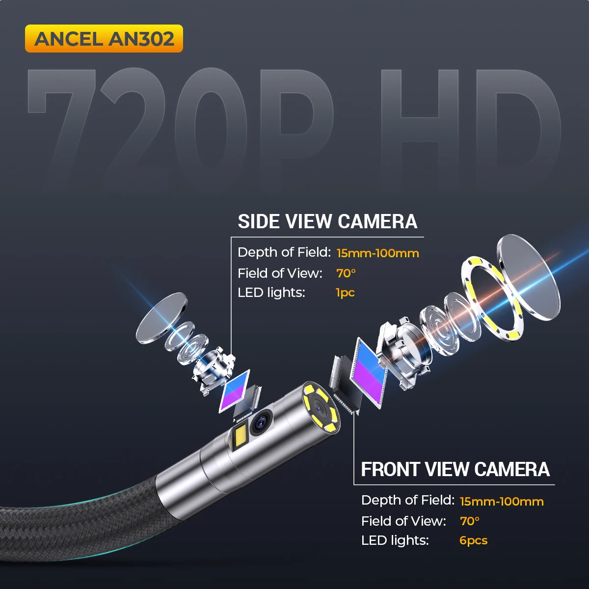 ANCEL AN302 2-Way Articulating Borescope Camera 7 LED Light Industrial Endoscope Inspection Camera 6.5MM Front and Side Camera image 2