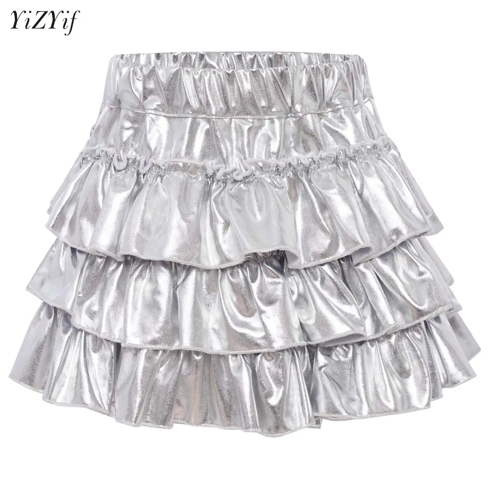 

Girls Tiered Ruffles Pleated Skirts Street Dance Shorts Silver Pants Kids Hip Hop Jazz Clothes Children Streetwear K-pop Costume