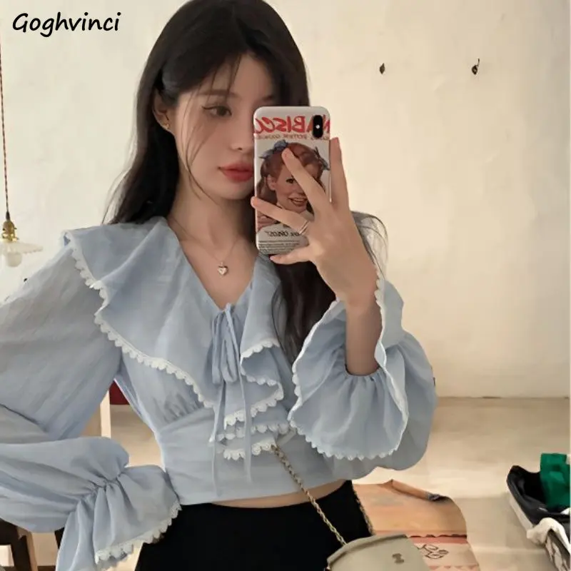 Ruffles Blouses Women Lace Slim Bandage Sweet Ladies Temperament Princess Flare Sleeve Fashion Ulzzang Simple All-match Classic