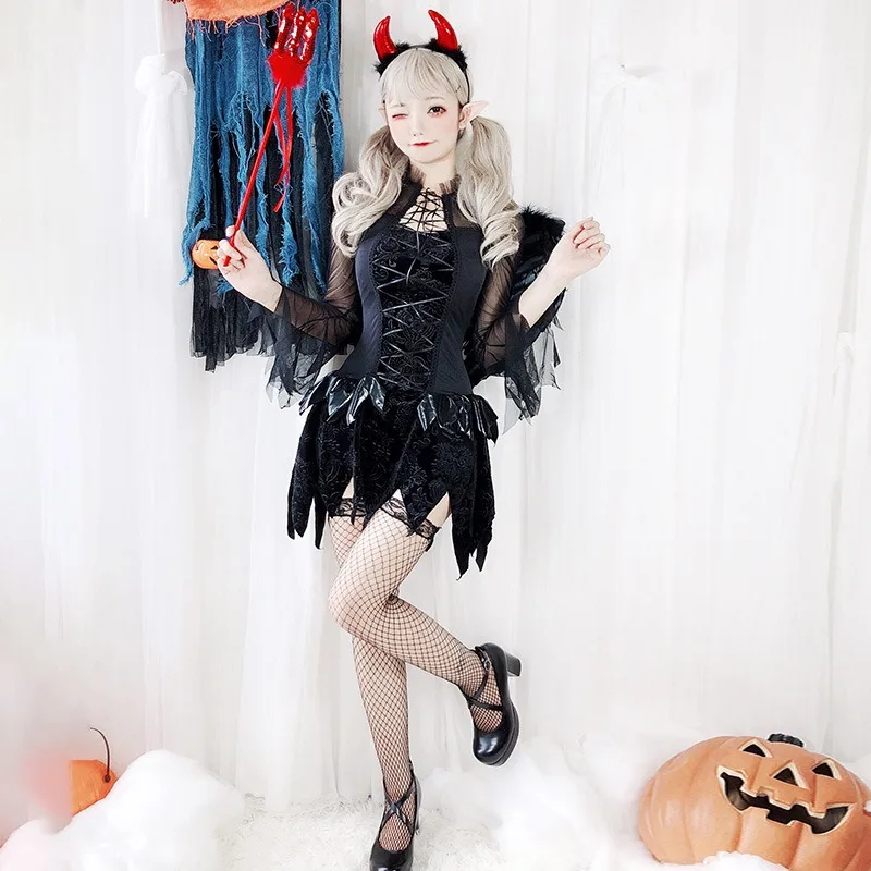 هالوين زي الكبار الإناث الملاك شيطان الأسود تأثيري الساحرة مصاص دماء العروس الجدول أداء زي الخصر Cinching اللباس