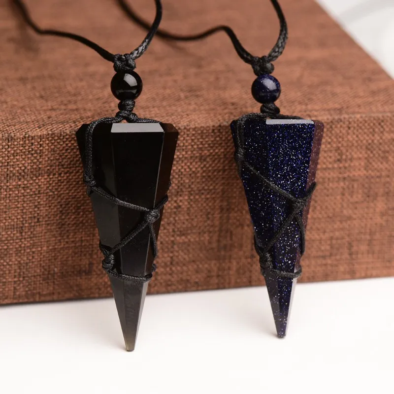 Fashion new natural obsidian Starry Sky tapered pendulum couple pendant necklace versatile temperament jewelry