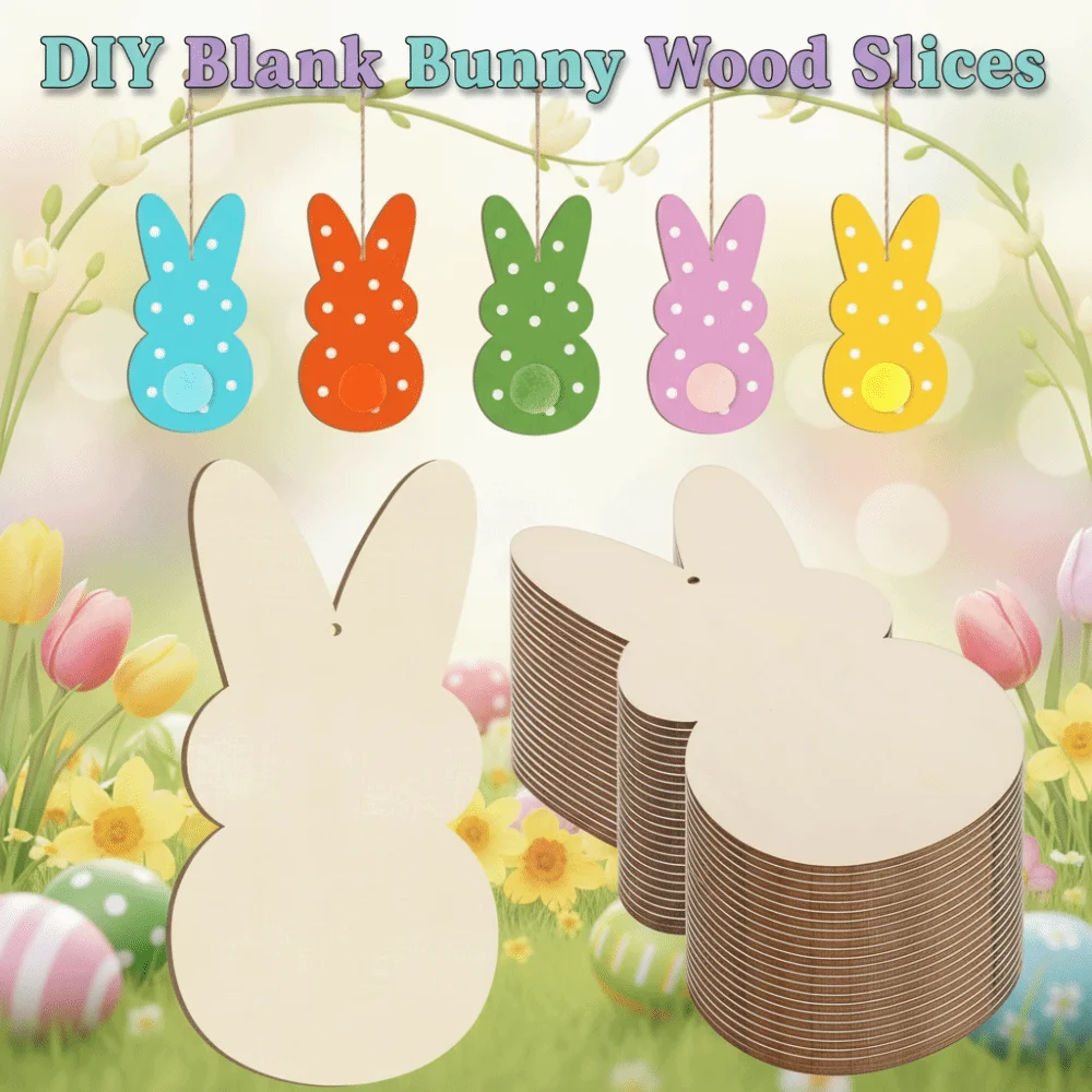 24pcs/set DIY Color Easter Bunny Wood Card Painting Toy Unfinished Easter Rabbit Craft Pendant Decorative