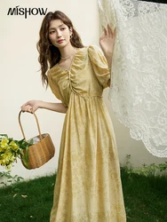 MISHOW Tea Break V-neck Dress for Women 2024 Summer French Temperament Chiffon Floral Puff Sleeve Waist Long Dresses MXD23L1878