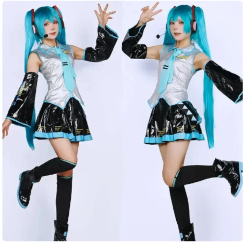 Miku Cosplay Costume Full Set Silver Patent Leather Fabric Suit Miku Cosplay Headwear Wig Outfit JK Uniform for Women Girls