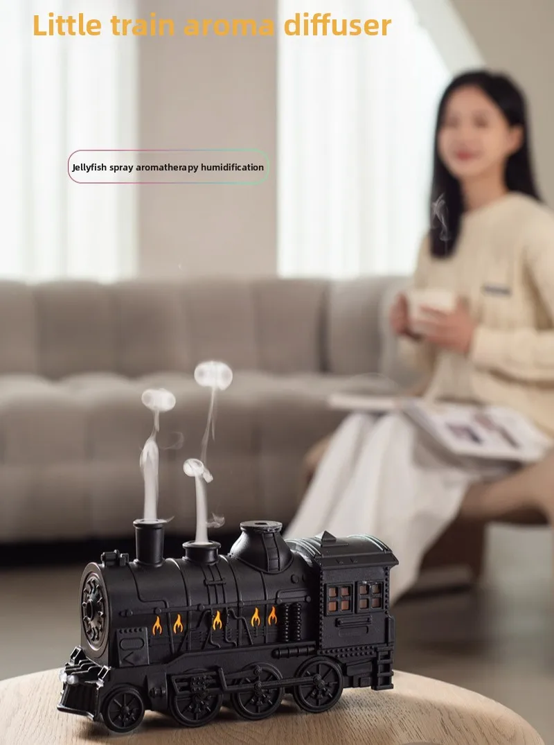Train Ultrasonic Humidifier Aroma Diffuser LED Light Smoke Ring Desktop