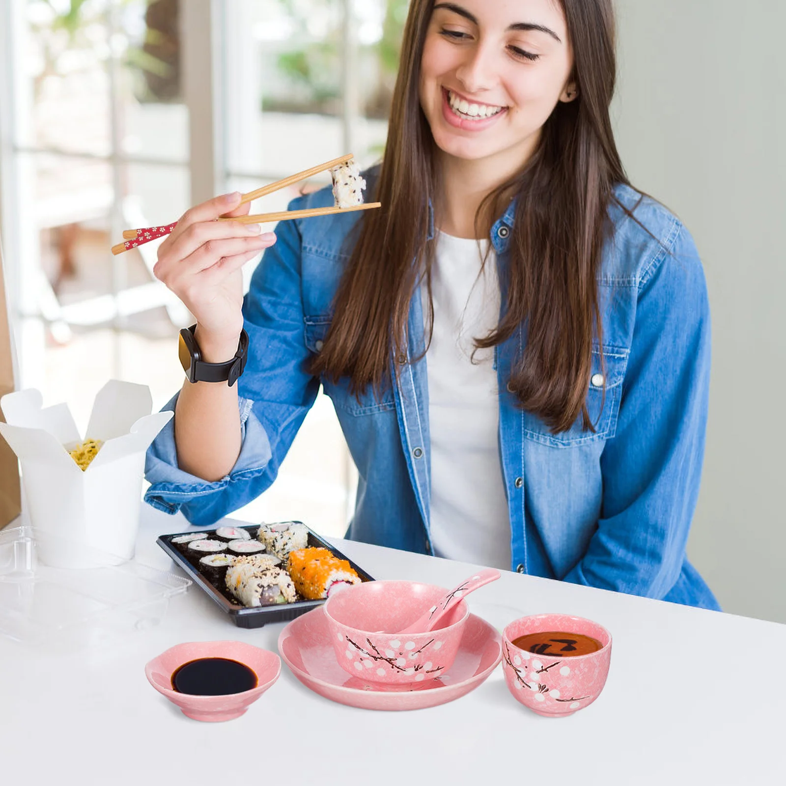 

6Pcs Japanese Style Ceramic Tableware Set Modern Chic Dinnerware for Home Easy to Clean Stackable Bowls Plates Cups Spoons