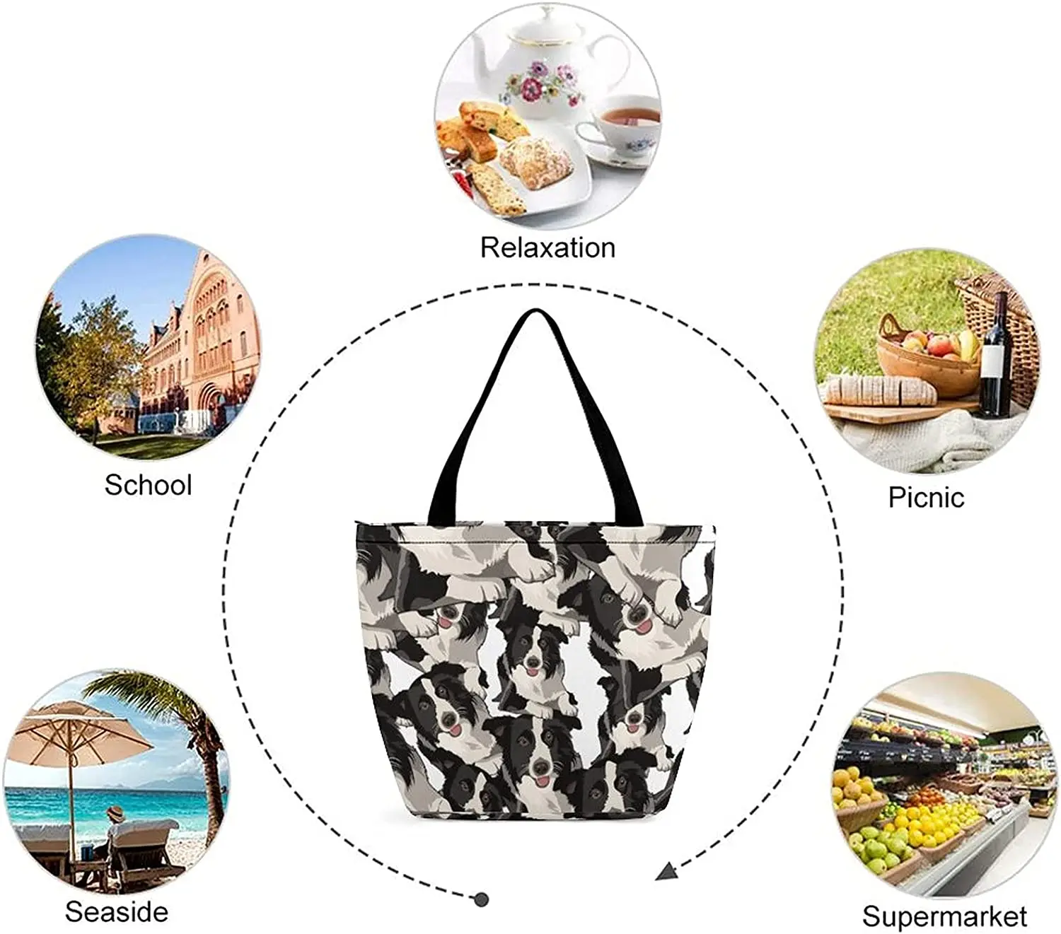 Border Collie Tote Travel Bag For Women Print Shopping Shoulder Bags Casual Handbag With Zipper