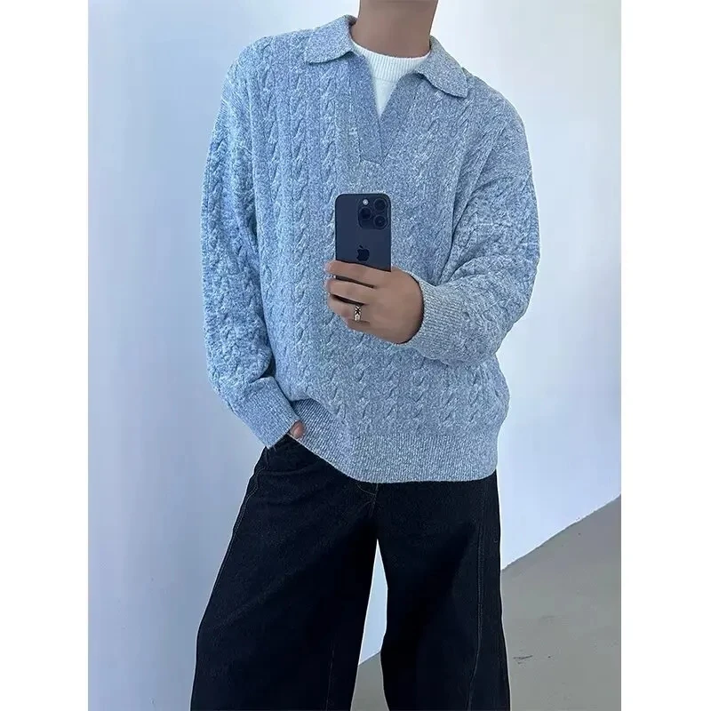 

2025 New Men Turn Down Collar Sweater Loose Splicing Top Trendy Two Piece Retro Twisted Texture Clothing