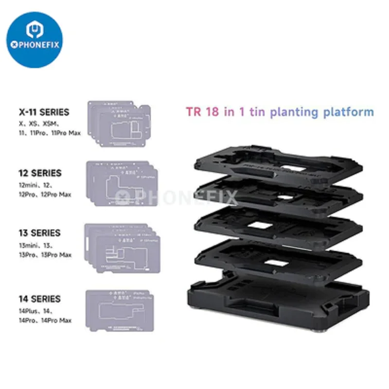مجموعة 21 في 1 Interposer Reballing Kit XinzhiZao XZZ TR قالب القصدير للزراعة الإطار الأوسط BGA Plant Tin Platform 3D BGA Reballing Stencil لهاتف iPhone X إلى 15 Pro Max إصلاح لحام اللوحة الأم