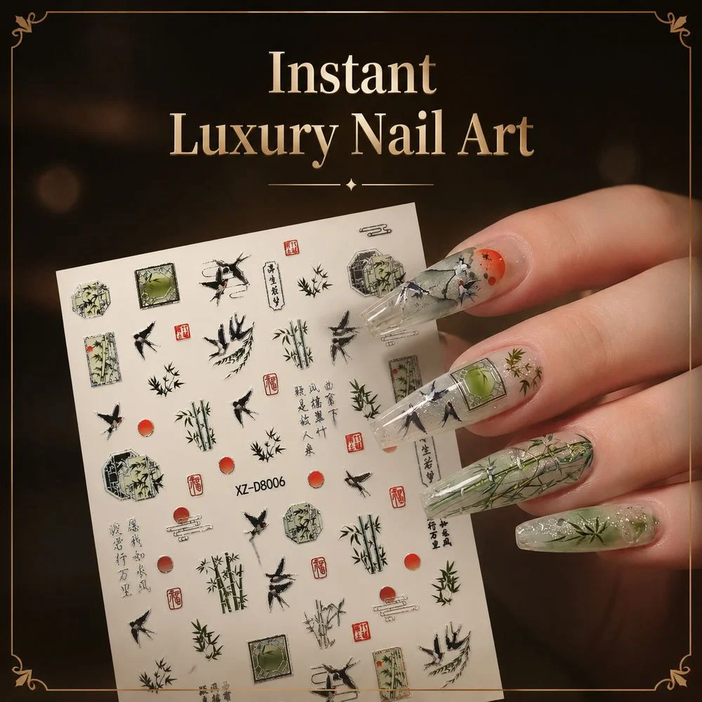 12Pcs Chinese‑Inspired Nail Art Stickers Crane Lotus Peony Seal Self‑Adhesive Nail Decoration Stickers For Nail DIY Design