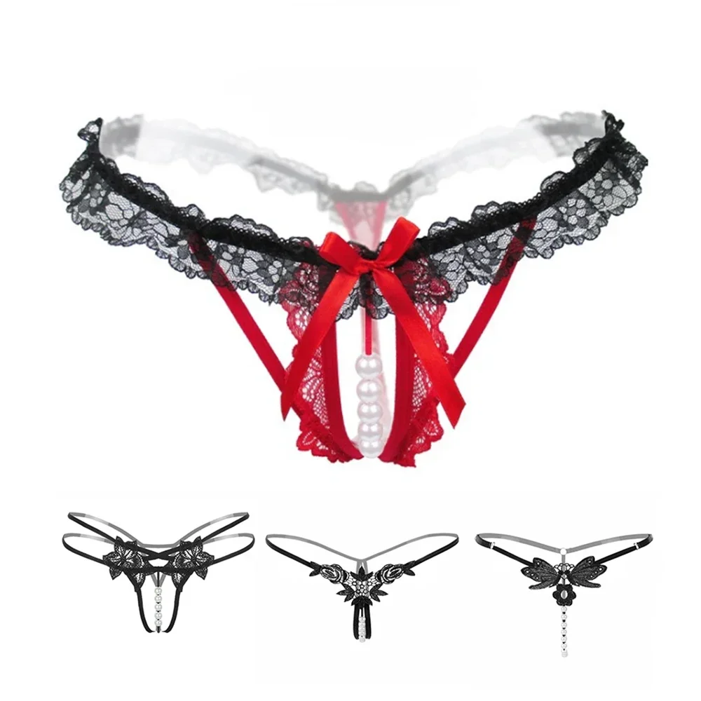 

Sexy Bow Pearl Massage Underwear Erotic Beads Thong Sexy OPen Crotch G-string T-back Panties