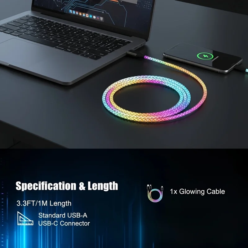 RGB Breathing Glow Braided Charging Cable, USB‑A to Type‑C LED Atmosphere Fast Charger Cord