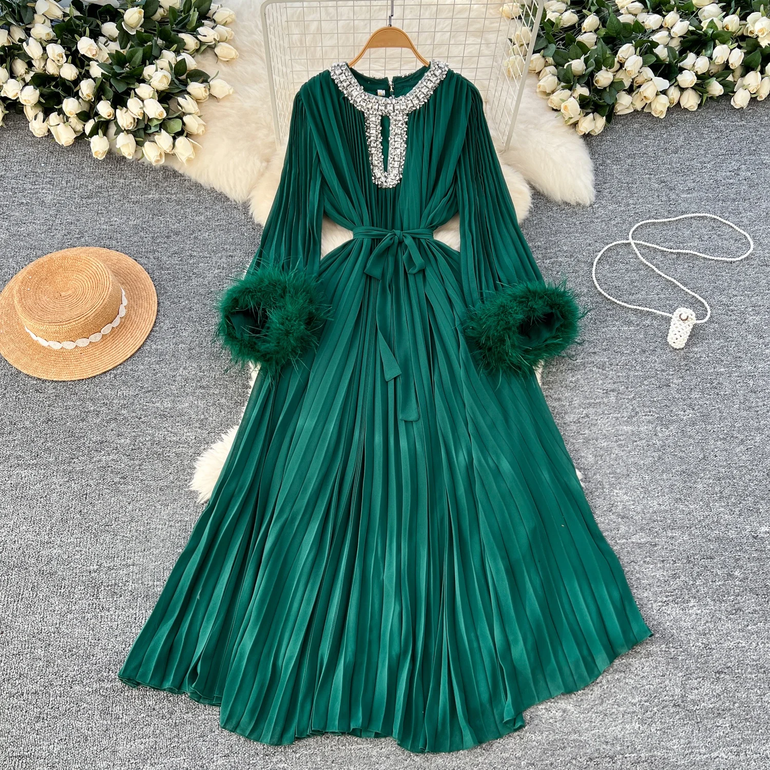 

Clothland Women Sexy Beading Pleated Dress Diamonds Feather Long Sleeve Sashes Ankle Length Maxi Dresses Mujer QD918