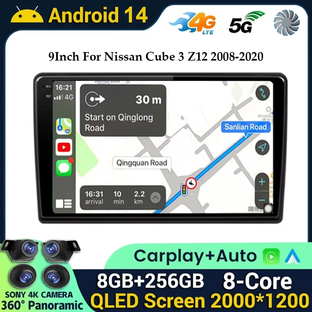 

Android 14 WIFI+4G Carplay Auto Car Radio For Nissan Cube 3 Z12 2008-2020 Multimedia Video Player Stereo GPS 360 Camera QLED DSP