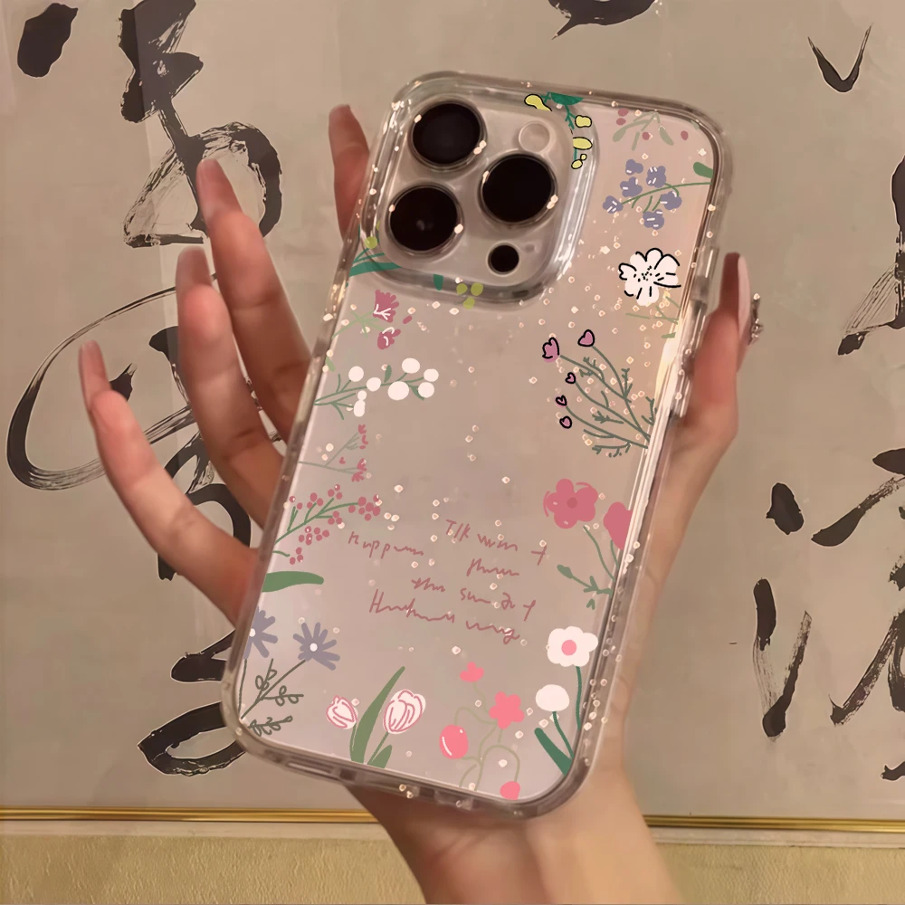 Luxury Tulips Flowers Clear Glitter Phone Case For iPhone 17 15 13 16 12 11 14 Pro Max 17 Air XR X 16e Cases Shockproof Cover view 5