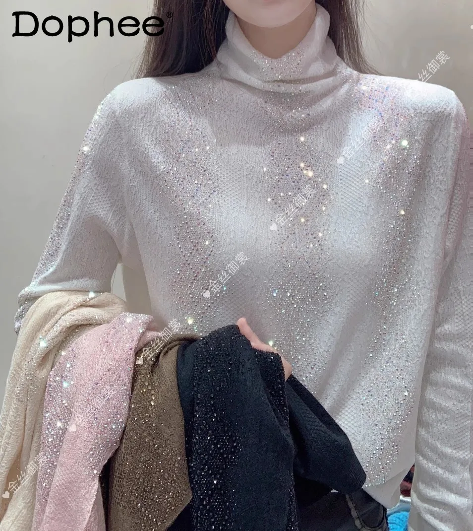 Heavy Embroidery Hot Drilling Turtleneck Bottoming Shirt Women 2023 Autumn and Winter New Loose Version Pullover Knitted Top