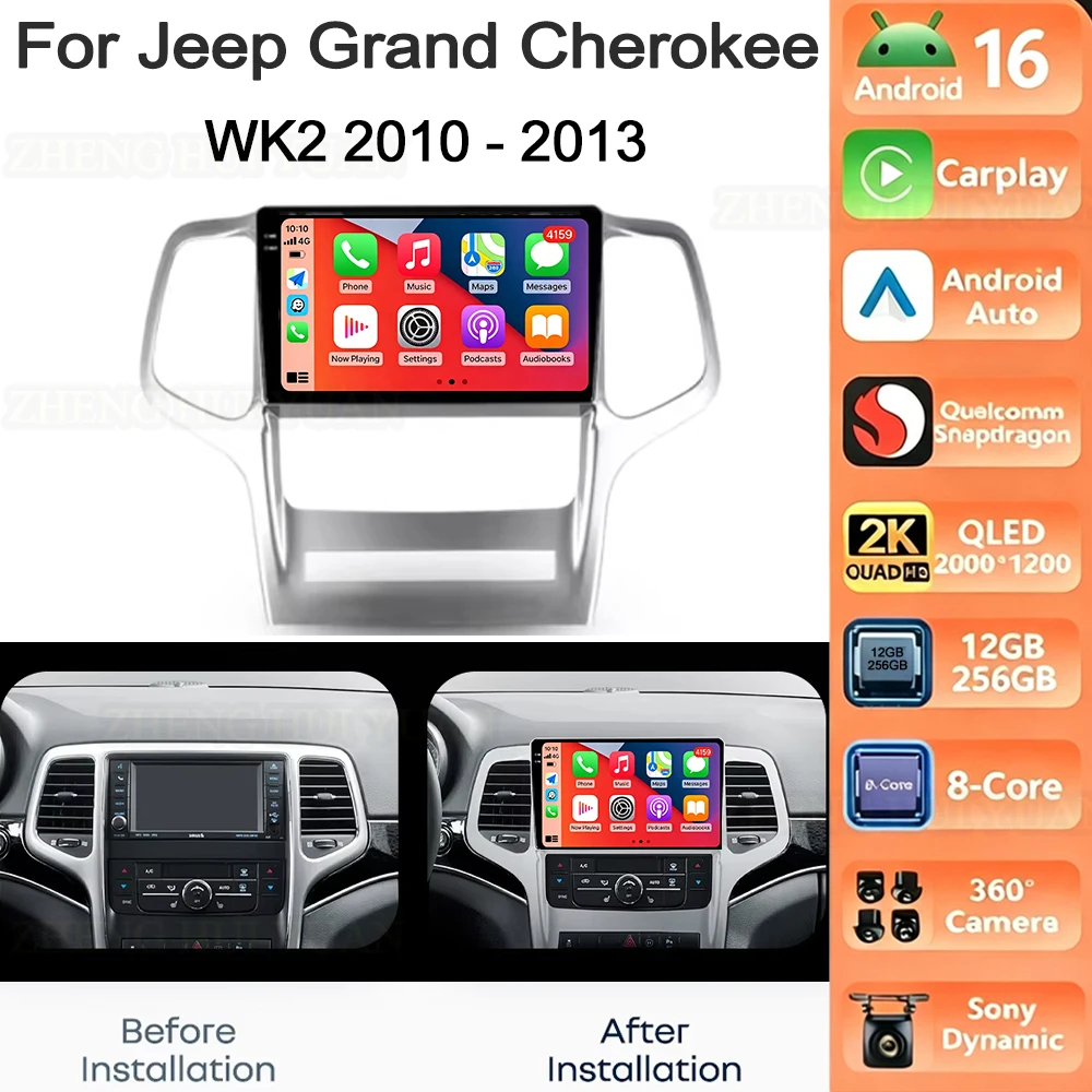 For Jeep Grand Cherokee WK2 2010 - 2013 Android 16 Navigation Car Radio Multimedia Player Stereo Carplay Auto 2K QLED GPS 4G