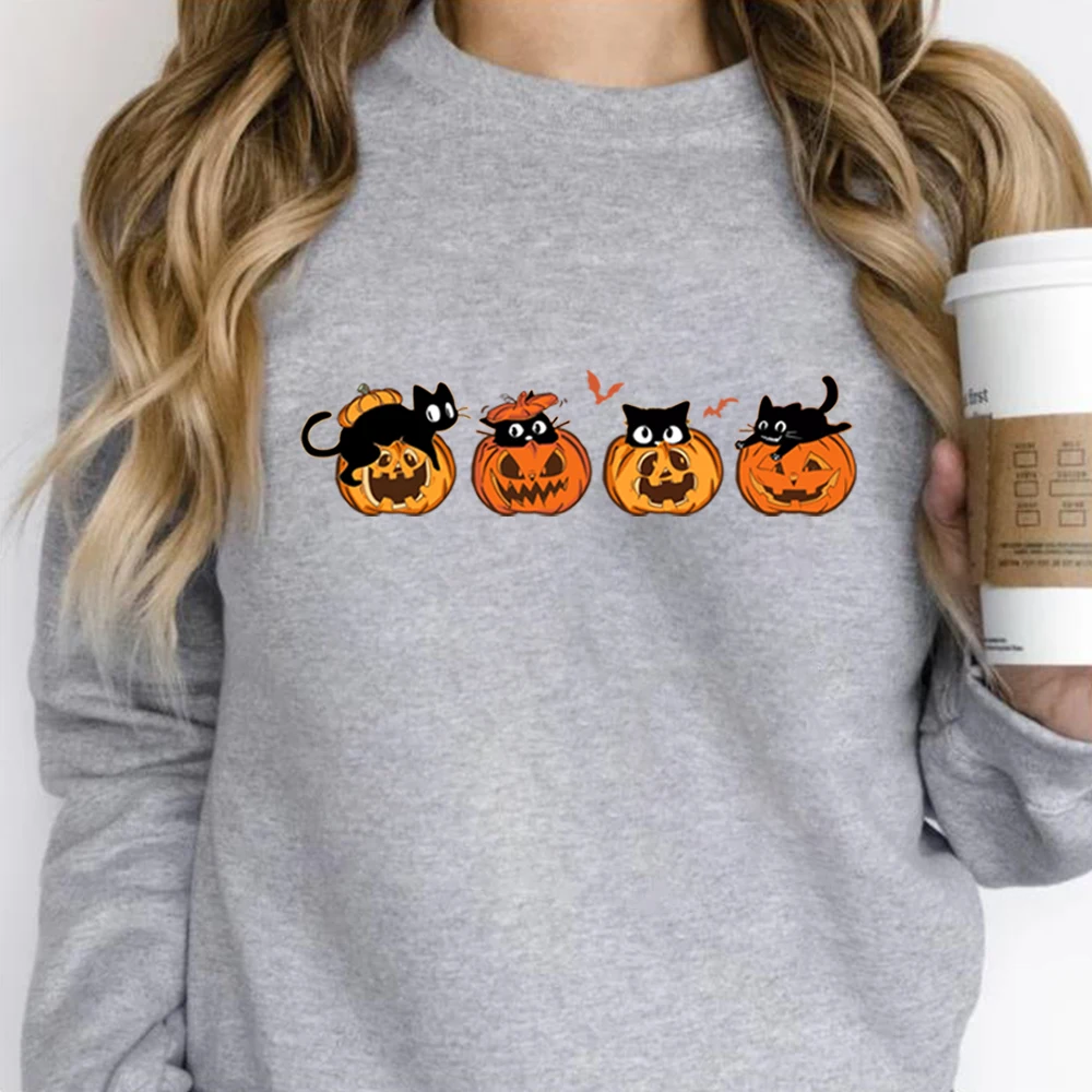 Black Cat and Pumpkin Graphic Sweathirts Cute Halloween Pumpkin Hoodie Not Too Spooky Halloween Cat Tee Unisex Long Sleeved Tops