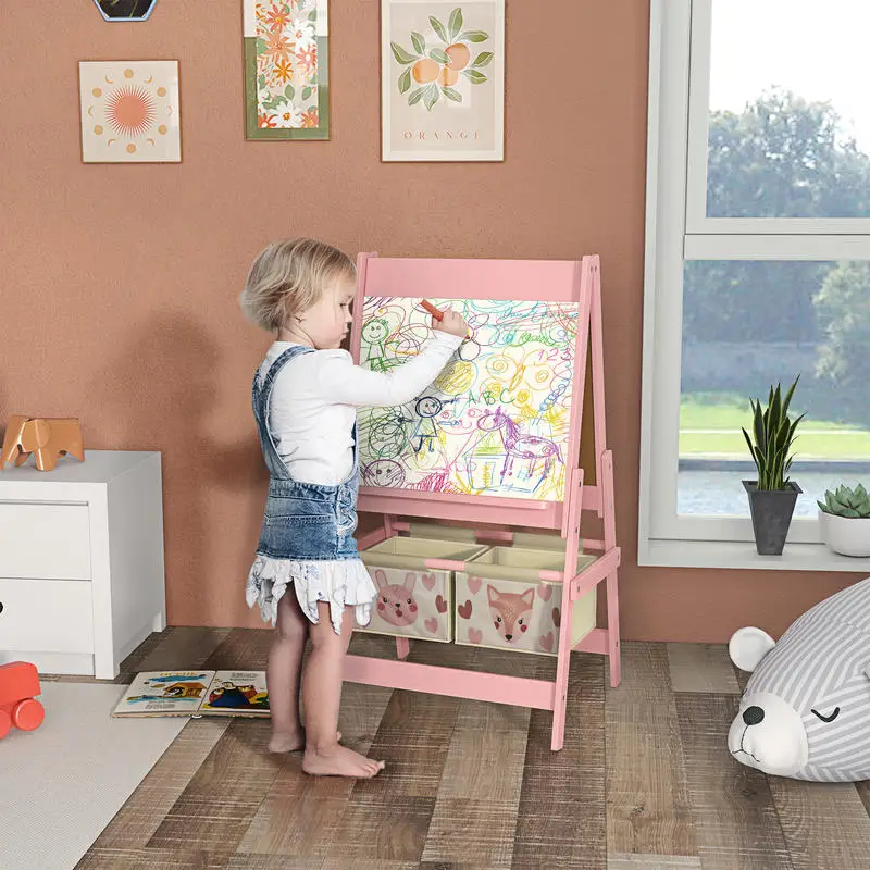 

Qaba Art Easel with Paper Roll, Blackboard, Whiteboard, Storage, Pink
