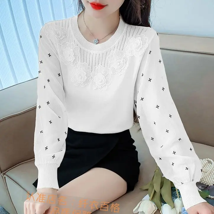 Chiffon Long Sleeved Knitted Shirt Spring New Style Women\'s Flower Design Sense Spliced New Style Stylish and High-end Top