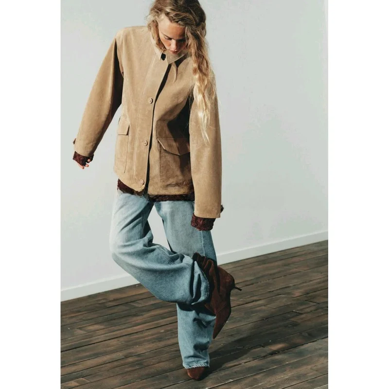 Jesienna damska kurtka casualowa, długa, z aksamitu i skóry ekologicznej, z klapami, modny design, włókno poliestrowe 100%, odzież wierzchnia damska.