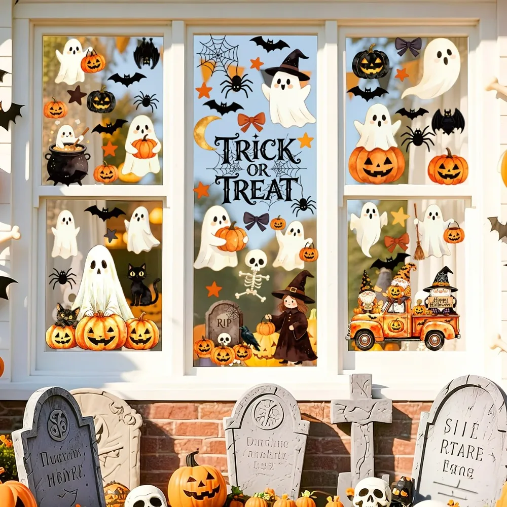 6 Sheets 56 Unique Designs for Halloween Static Window Clings Watercolor Pumpkin Ghost Witch Gnome Truck Black Cat Spider