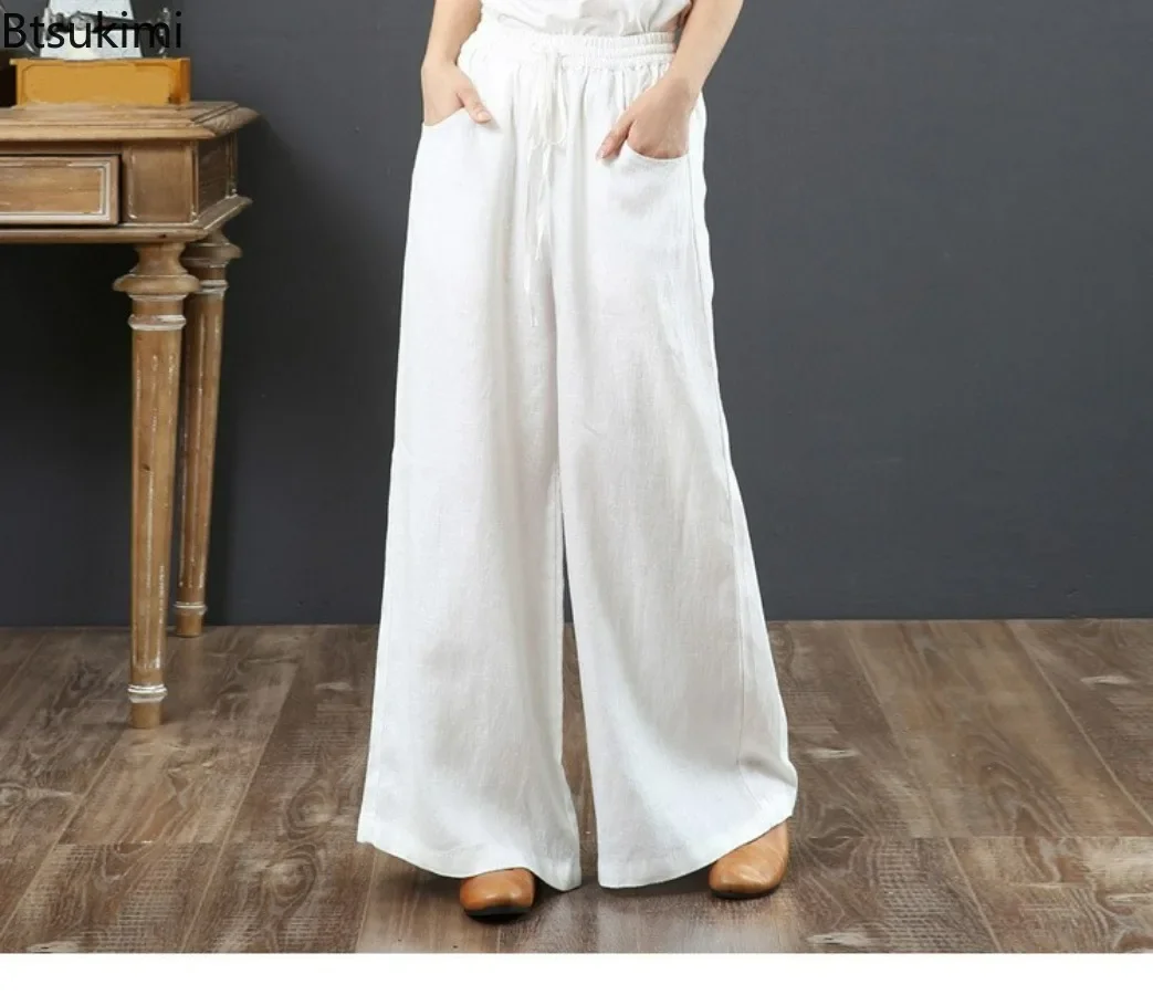 

2025 Women's Spring Summer Casual Cotton Linen Pants Solid High Waist Wide Leg Trousers Solid Trend Female Suit Straight Pants