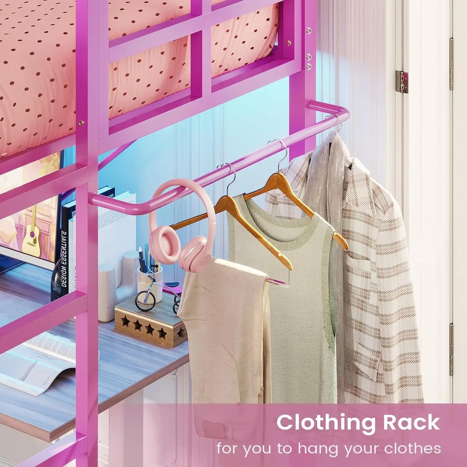 [High-Quality, Hot Deal!]Twin Pink Loft Bed with LED Lights, Loft Bed Twin Size with Full-Length Guardrail &Clothes Rack, Heavy