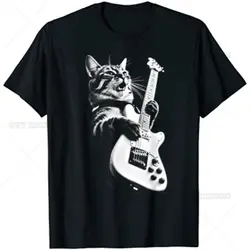 Kot rockowy grający na gitarze zabawny kot męski T-Shirt Hiphop Oversized T Shirt codzienna bawełna cztery pory roku Streetwear koszulki