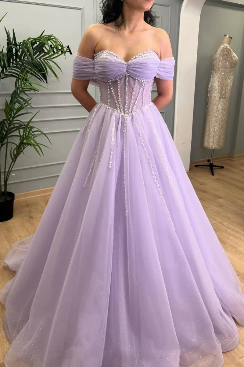 

Elegant lavender Sweetheart A-Line Tulle Evening Dress Pleated Rhinestones Off Shoulder Corset Homecoming Prom Party Vestidos