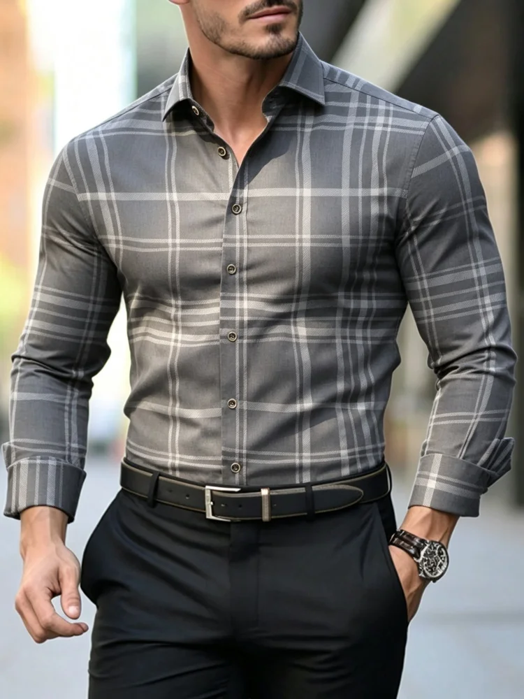 Men's plaid long sleeved shirt with collar and plaid pattern, European and American daily commuting men's top