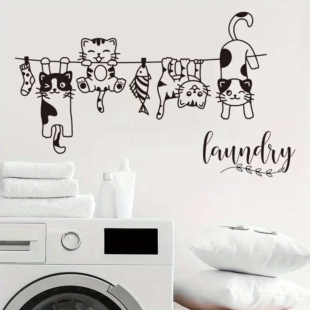 Cartoon Cat Playing on Rope Wall Stikcers for Laundry Room Living Room Decoration Bedroom Kids Home Decor Background Wall Decals
