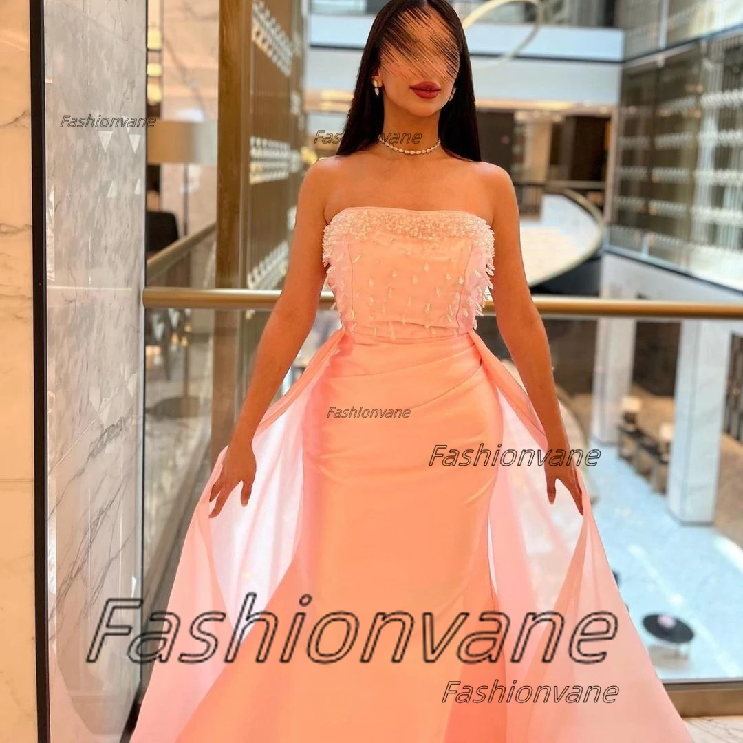 Fashionvane Customized Noche Beaded Strapless Ruched Prom Dreses with Long Flutters Dubai Party Women Wear Formal Evening Dress