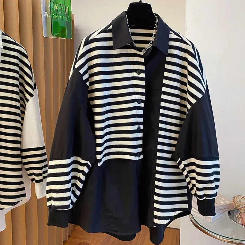 Autumn Oversized Loose Fake Two Pieces Blouse Women Clothing Casual Striped Shirts Korean Patchwork Buttons All-match Top Tee