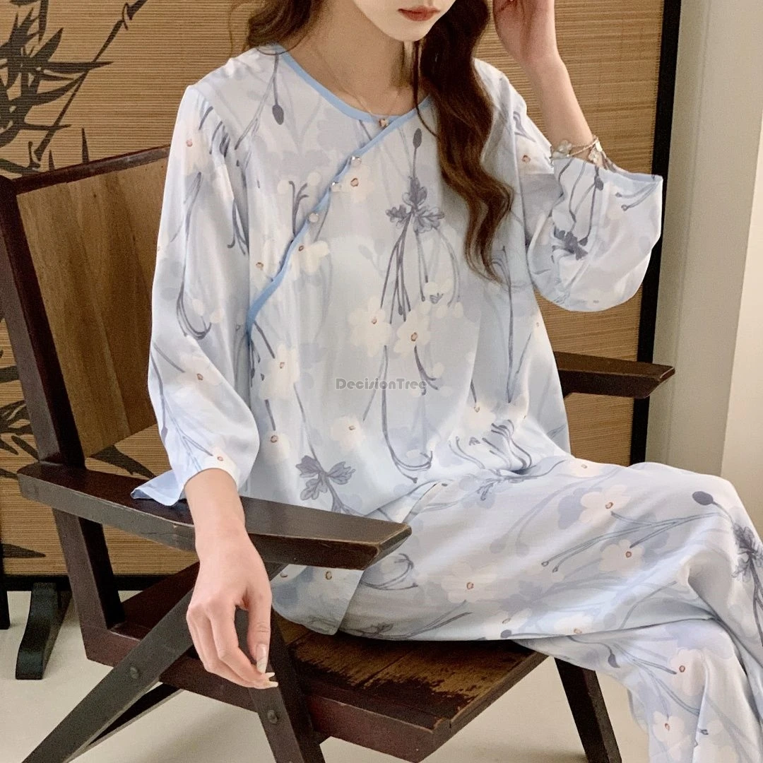 

Новый комплект домашней одежды в китайском традиционном стиле ханьфу из хлопка для женщин: пижама с принтом, рубашка с длинным рукавом и длинные брюки, 2 предмета, 2026 год