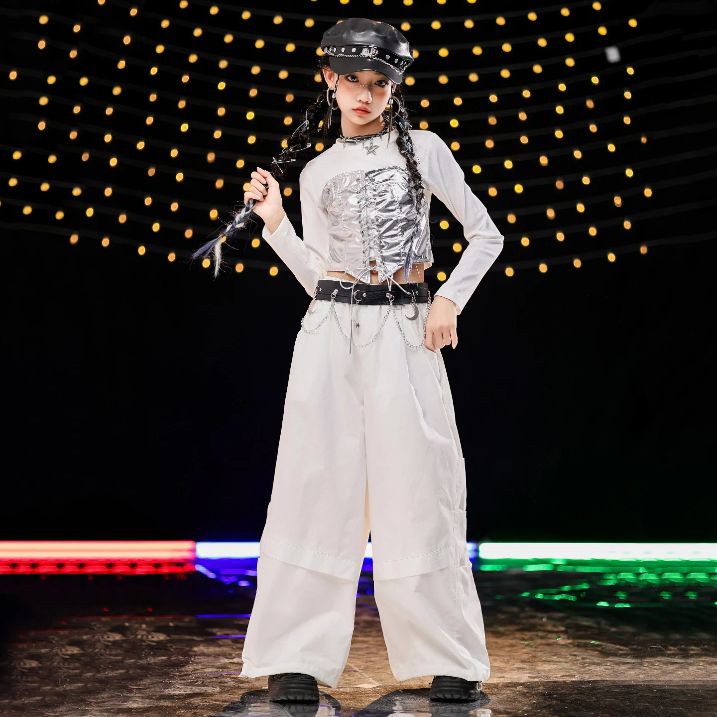 2025 Kinder Hip Hop Jazz Dance Kleidung Mädchen Lange Ärmel Tops Weiße Hosen Kpop Gruppe Leistung Kostüme Straße Tragen BL17647