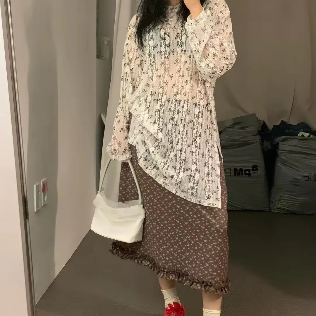 High Waist Floral Print Half Skirt Versatile Korean Style Women's Fashion Casual A-Line Skirt Loose Fit Polyester Material