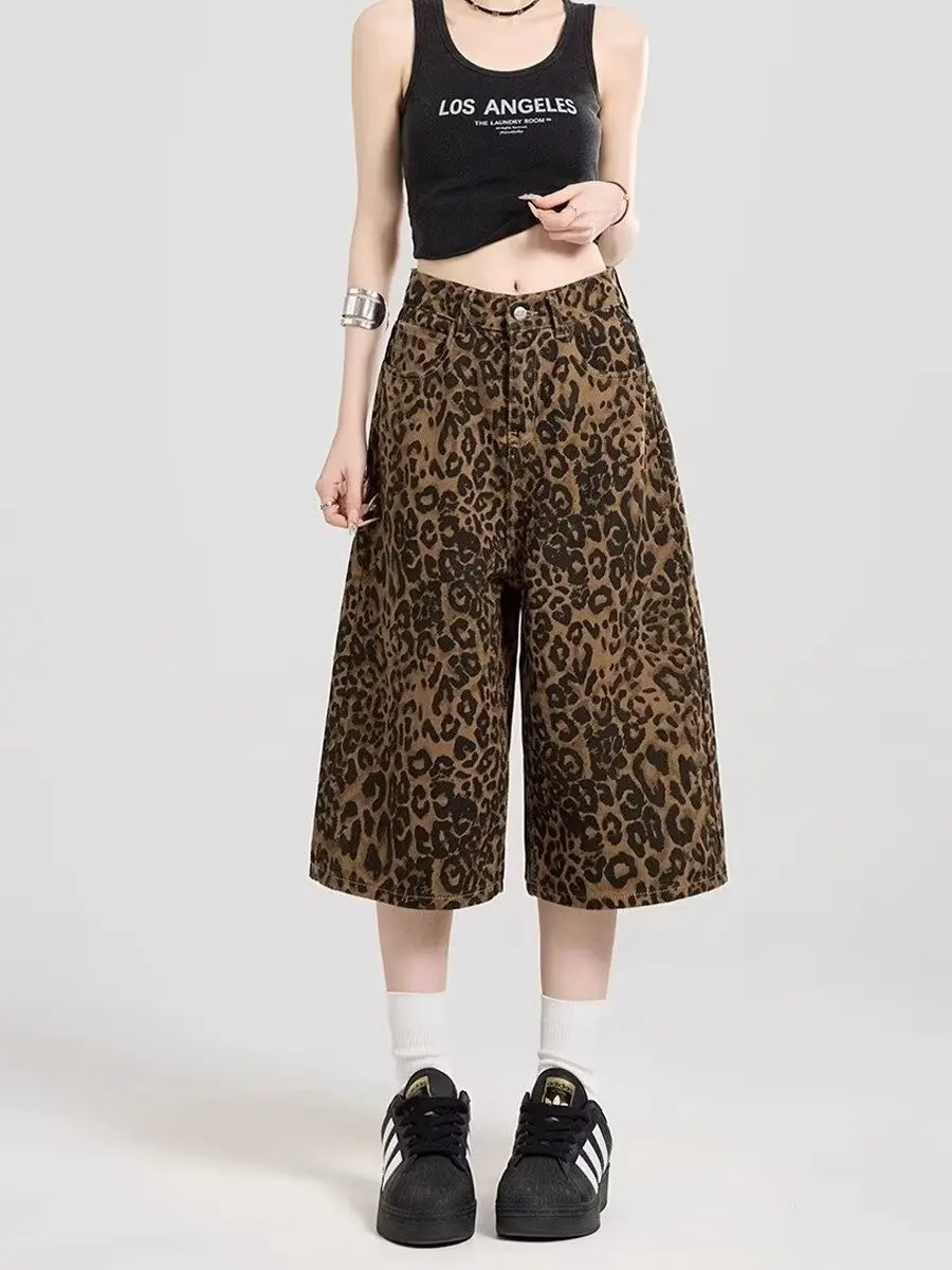 

plus Size Women's American Leopard Print High Waist Wide Leg Jeans Summer New Sle Loose Fit Seven-Foot Pants Trendy orts