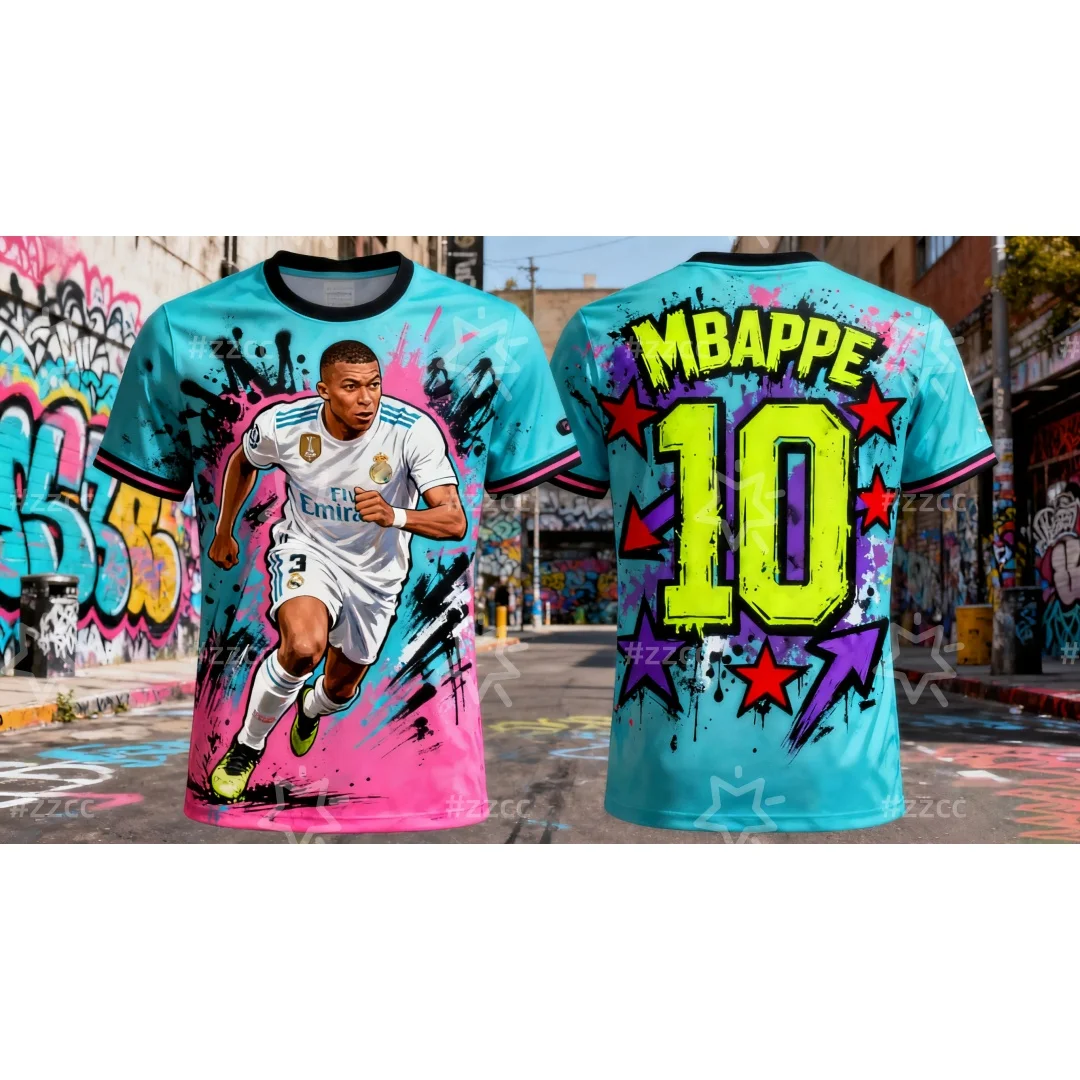 Mbappe's Fußballtrikot im Graffiti-Stil, Match-Trainingstrikot, 3D-Druck, Herbstsport, schnell trocknend, Herren-T-Shirt, Kinderbekleidung