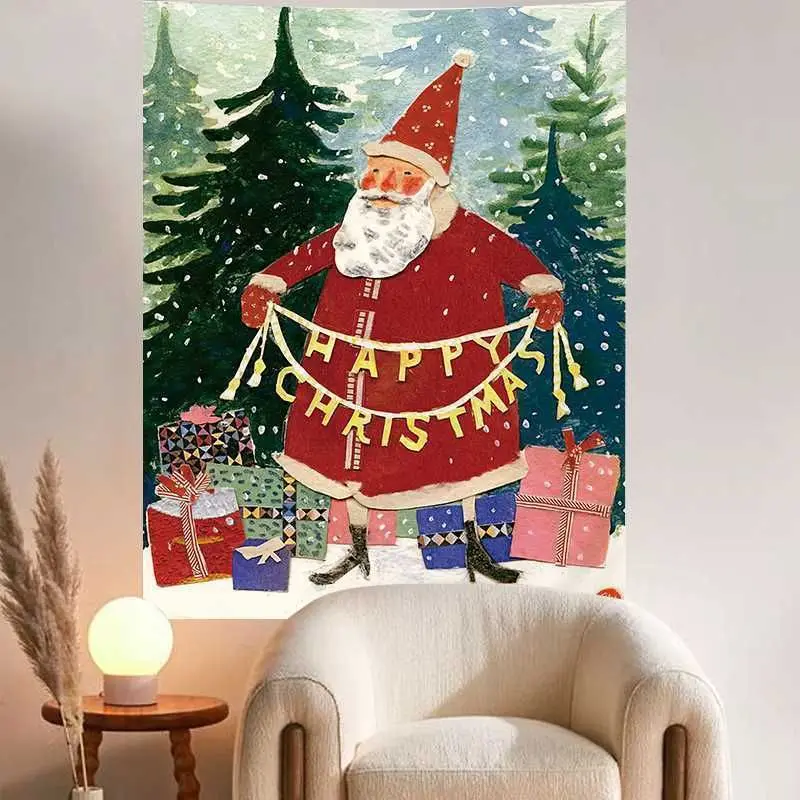 VIKAMA Collage Santa Happy Christmas Wall Tapestry Paper Cut Art Pine Tree Gift Box Banner Holiday Festive Folk Decor Fresh Soft