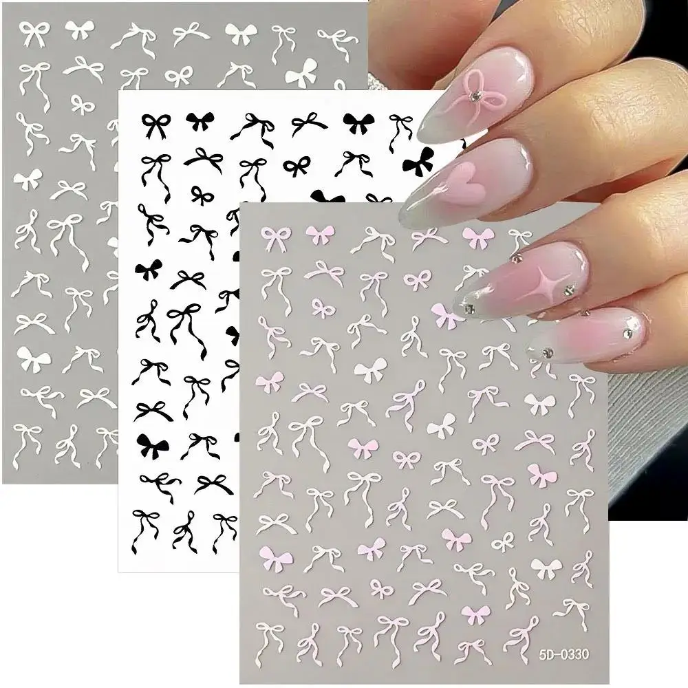

1Pc 5D Kawaii Bow Nail Sticker Pink/Black/White Long Ribbon Bowknot Self Adhesive Decals 10*8cm Lace Bow DIY Manicure розовый