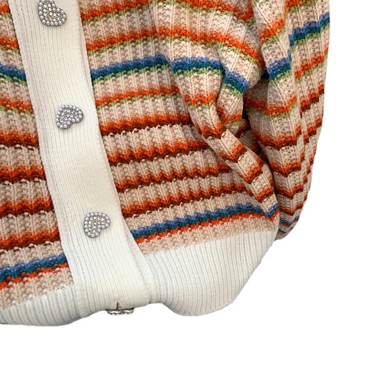 Regenbogen Gestreifte Gestrickte Pullover Frauen Frühling Herbst Retro Herz Taste Strickjacke Mode Turndown Kragen Lose Lange Ärmeln Top