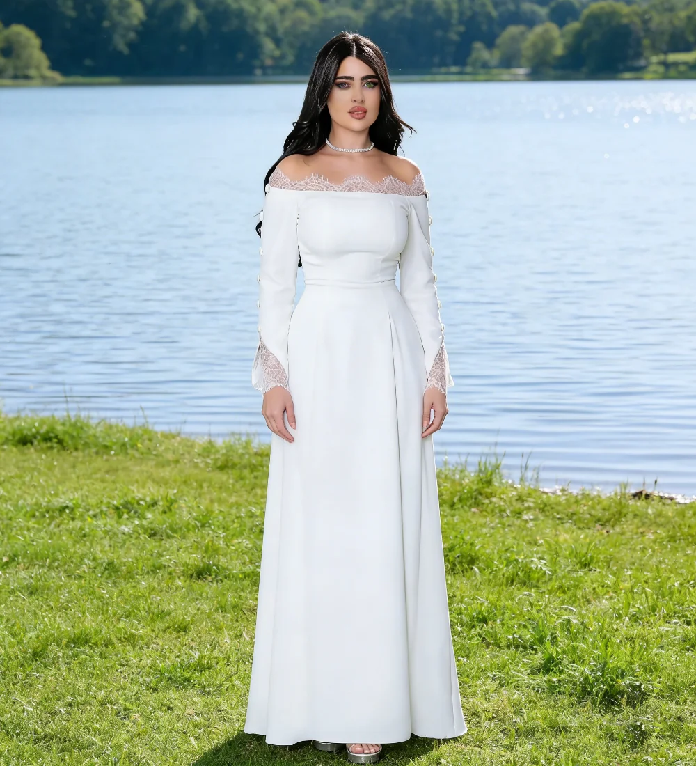 

Customized White Formal High Quality Jersey Button Lace A-line Off-the-shoulder Long Dresses Evening Dresses for Woman