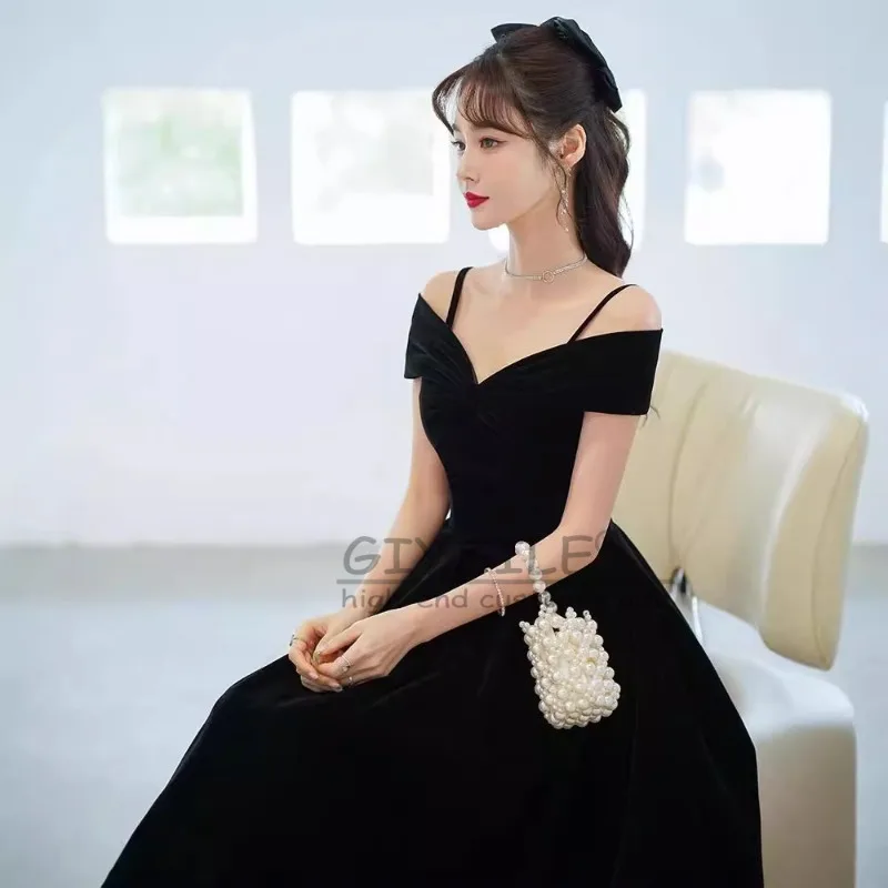 지이실 맞춤형 새틴 슬링 보우 원숄더 연례 모임 이브닝 드레스 블랙 호스트 고급스러운 분위기 니치 럭셔리 여성 의류