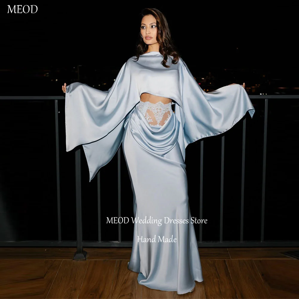 

MEOD Sky Blue Satin A Line Evening Dresses Women Lace Elegant O Neck Prom Gowns Gloor Length Long Sleeves Dress Customized