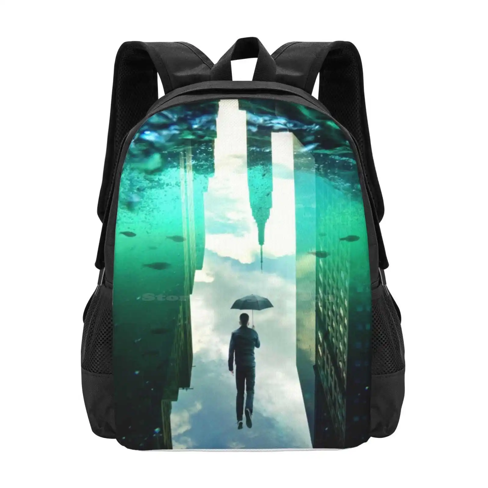 Vivid Dream School Bags Travel Laptop Backpack Nyc Water Fish Man Umbrella Surreal Double Exposure