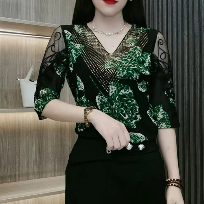 Vintage Printed Spliced Gauze Diamonds Lace Blouses Women's Clothing 2023 Autumn New Elegant Pullovers Office Lady Shirts