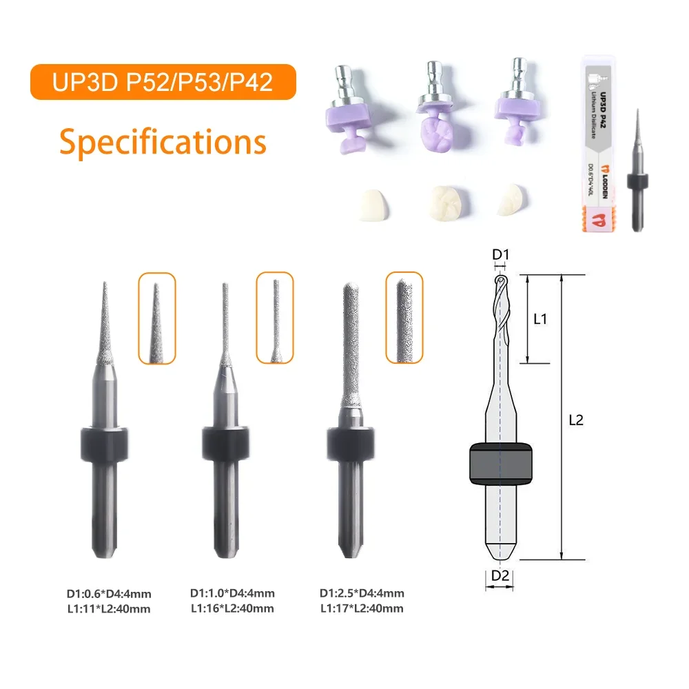 UP3D P52 P53 Dental Milling Burs for PMMA  Zirconia Diamond Dental Materials D4 DC Coating CAD CAM System Dental Lab Cutter Tool