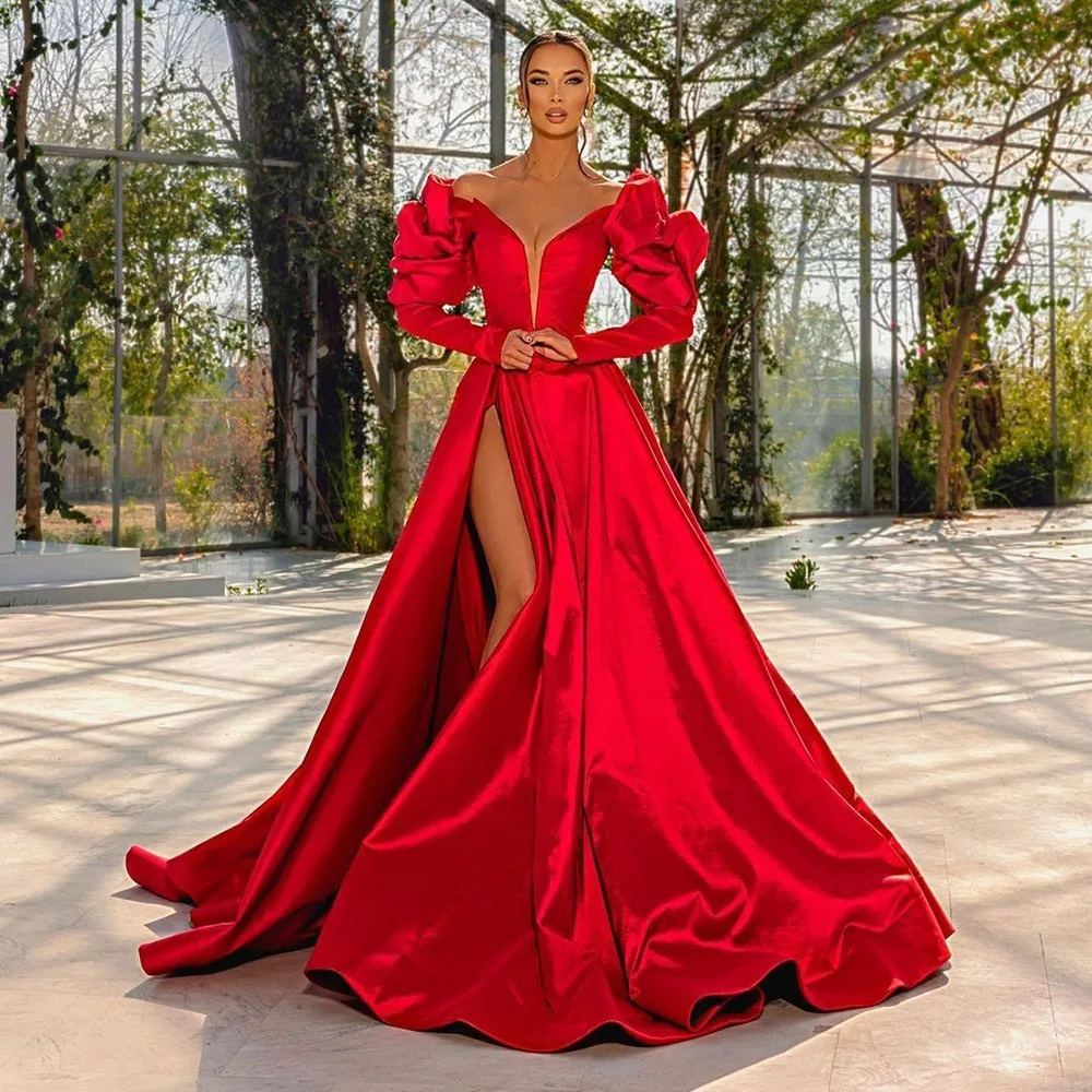 

Msikoods Red Satin Mermaid Formal Evening Dresses Long Sleeves Slit Prom Dress 2023 Elegant Party Gowns robe de soirée